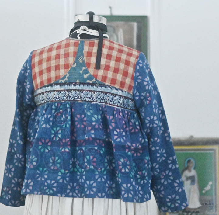 XL,Boston, Vintage Kantha, Flared Boho Jacket with Front Ties &amp; Tassels - kinchecom