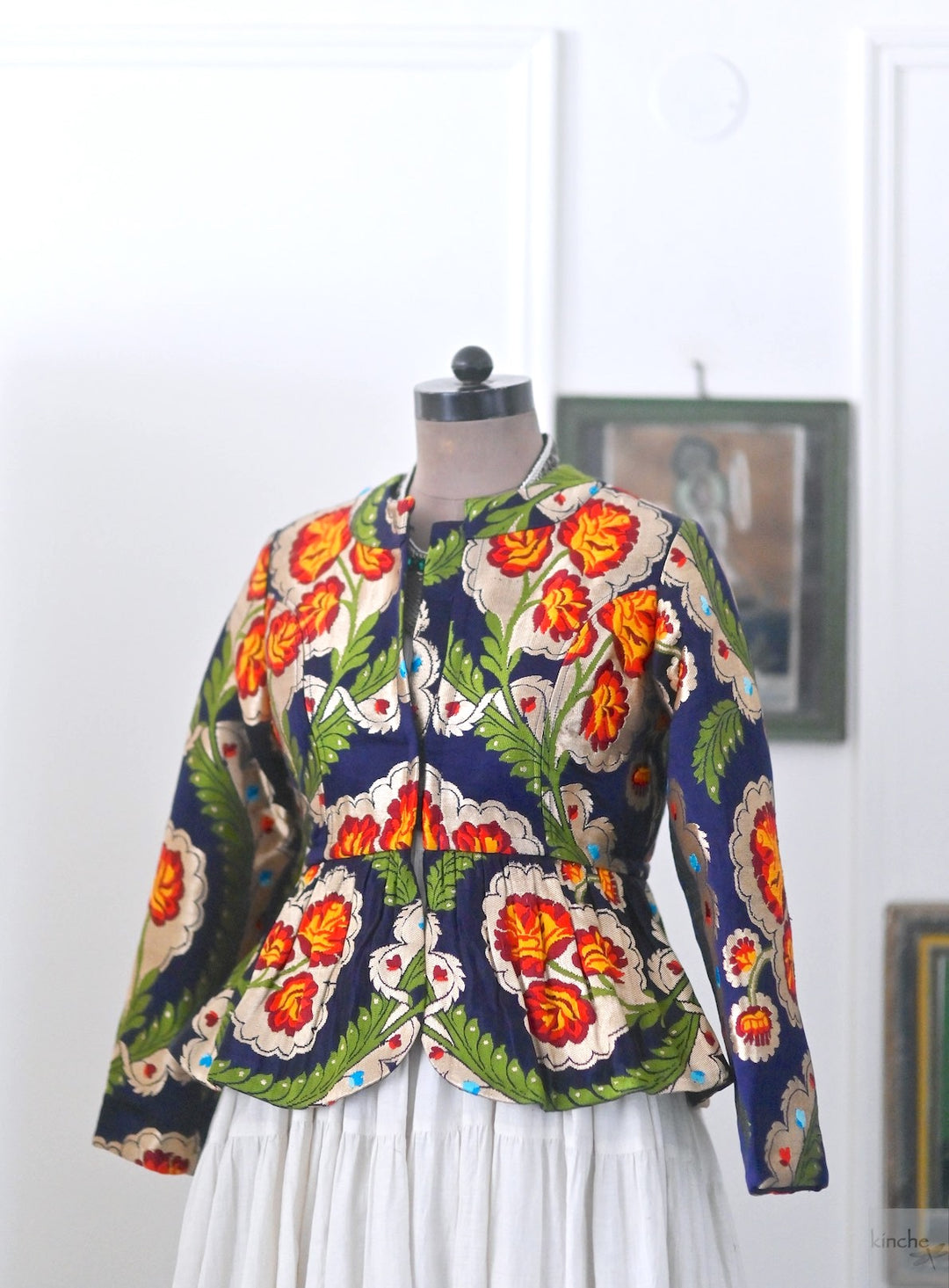 Tara, Pure Gyasar Silk &amp; Copper Zari, Short Peplum Jacket in Navy Blue - kinchecom