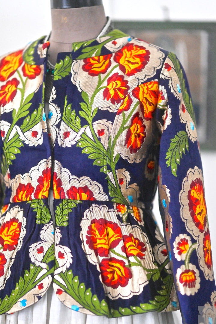 Tara, Pure Gyasar Silk &amp; Copper Zari, Short Peplum Jacket in Navy Blue - kinchecom