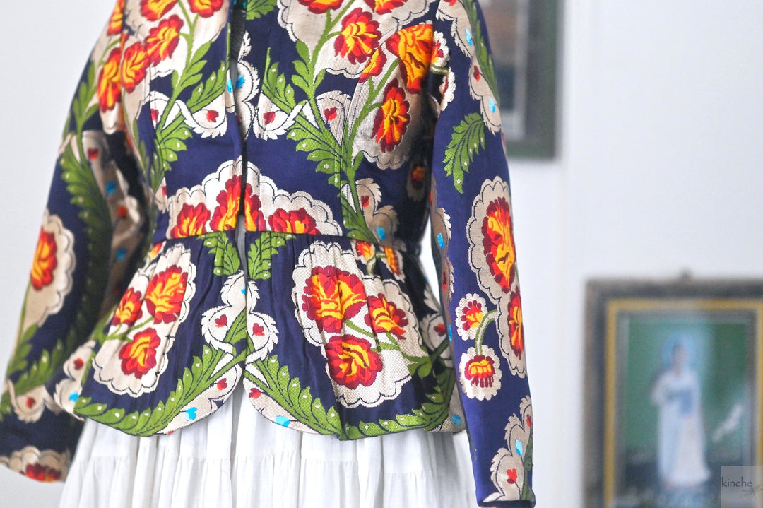Tara, Pure Gyasar Silk &amp; Copper Zari, Short Peplum Jacket in Navy Blue - kinchecom