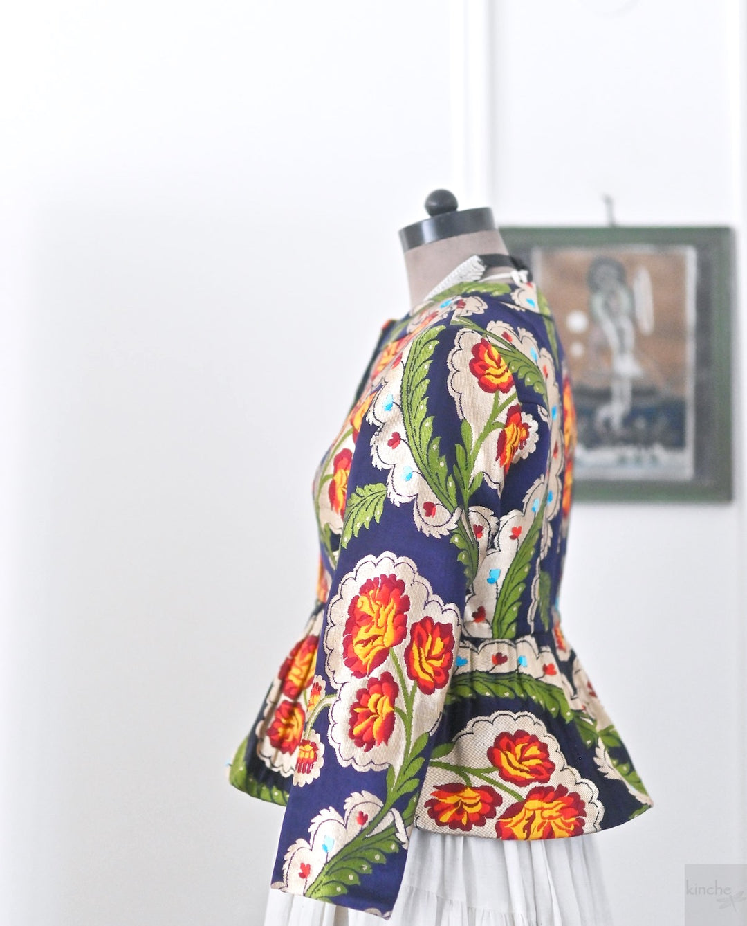 Tara, Pure Gyasar Silk &amp; Copper Zari, Short Peplum Jacket in Navy Blue - kinchecom