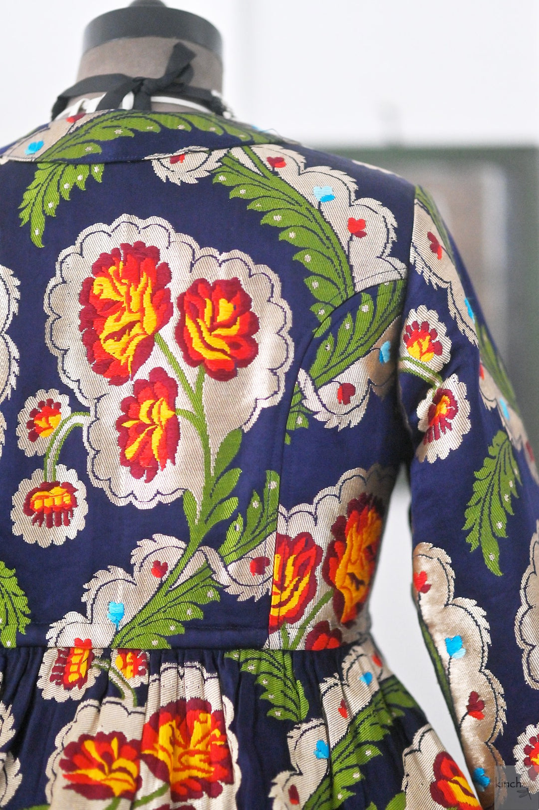 Tara, Pure Gyasar Silk &amp; Copper Zari, Short Peplum Jacket in Navy Blue - kinchecom
