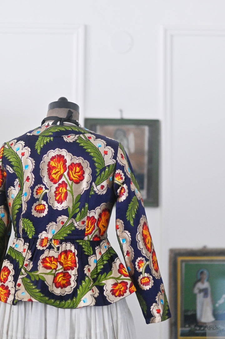 Tara, Pure Gyasar Silk &amp; Copper Zari, Short Peplum Jacket in Navy Blue - kinchecom