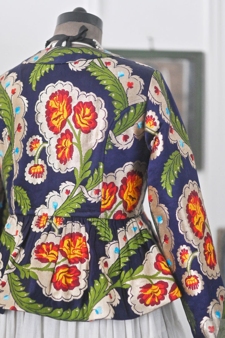 Tara, Pure Gyasar Silk &amp; Copper Zari, Short Peplum Jacket in Navy Blue - kinchecom