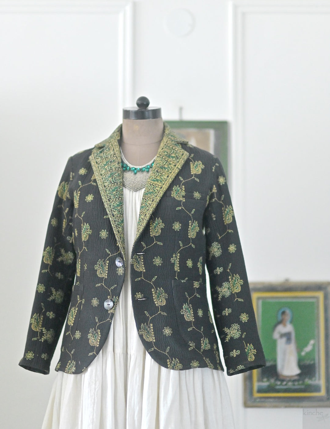 Ashton, Vintage Kanta Quilt Blazer Jacket in Black, Medium - kinchecom