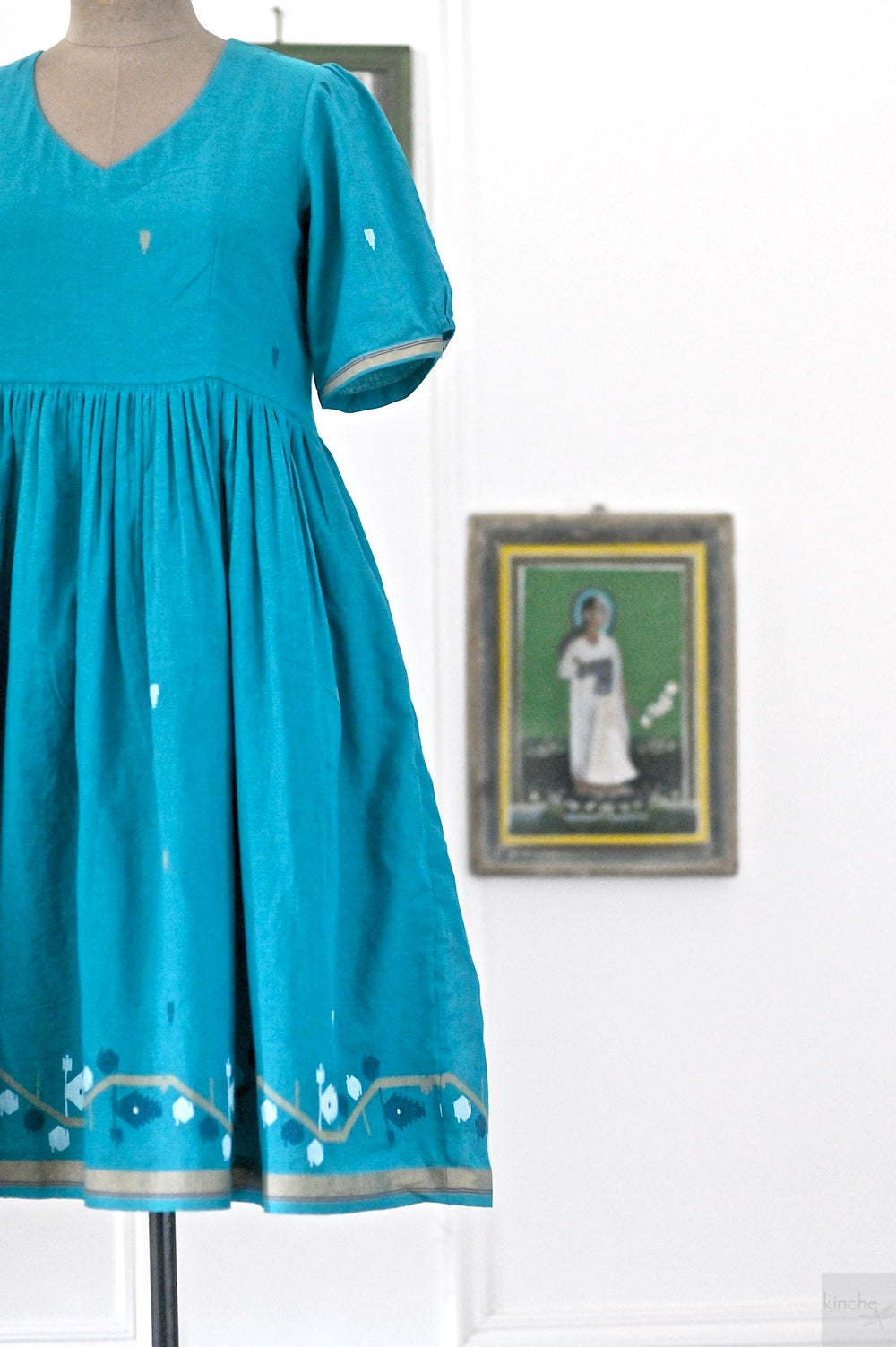 Jhiri, Turquoise Jamdani, Loose Fit Dress with Cotton Lining - kinchecom