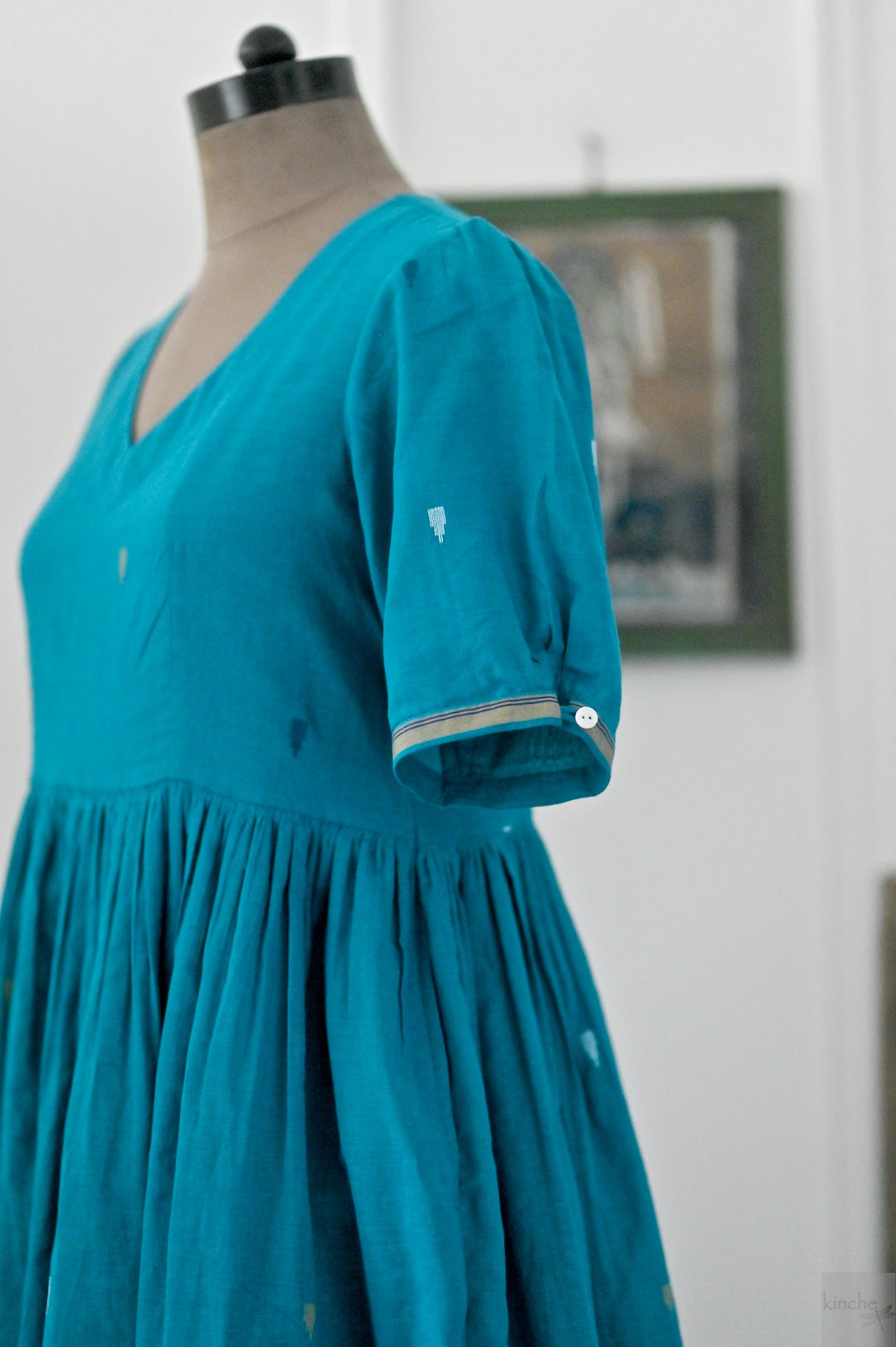 Jhiri, Turquoise Jamdani, Loose Fit Dress with Cotton Lining - kinchecom