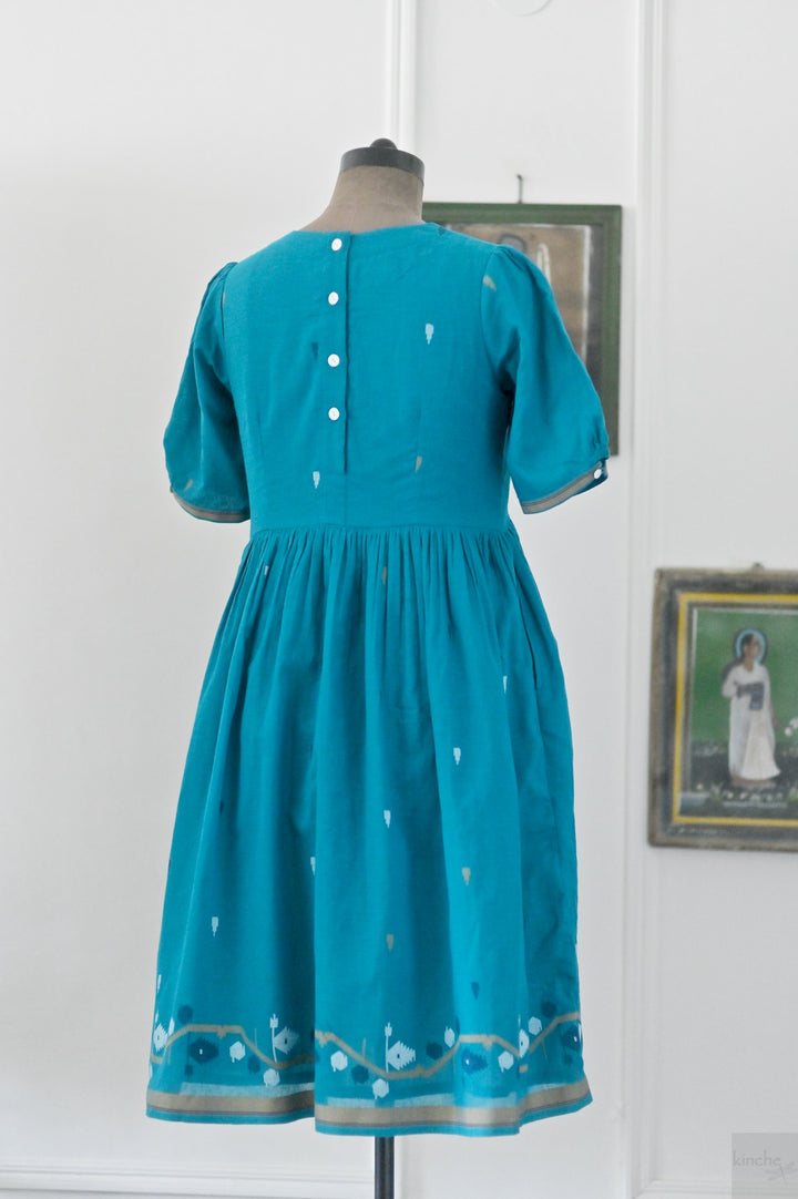 Jhiri, Turquoise Jamdani, Loose Fit Dress with Cotton Lining - kinchecom