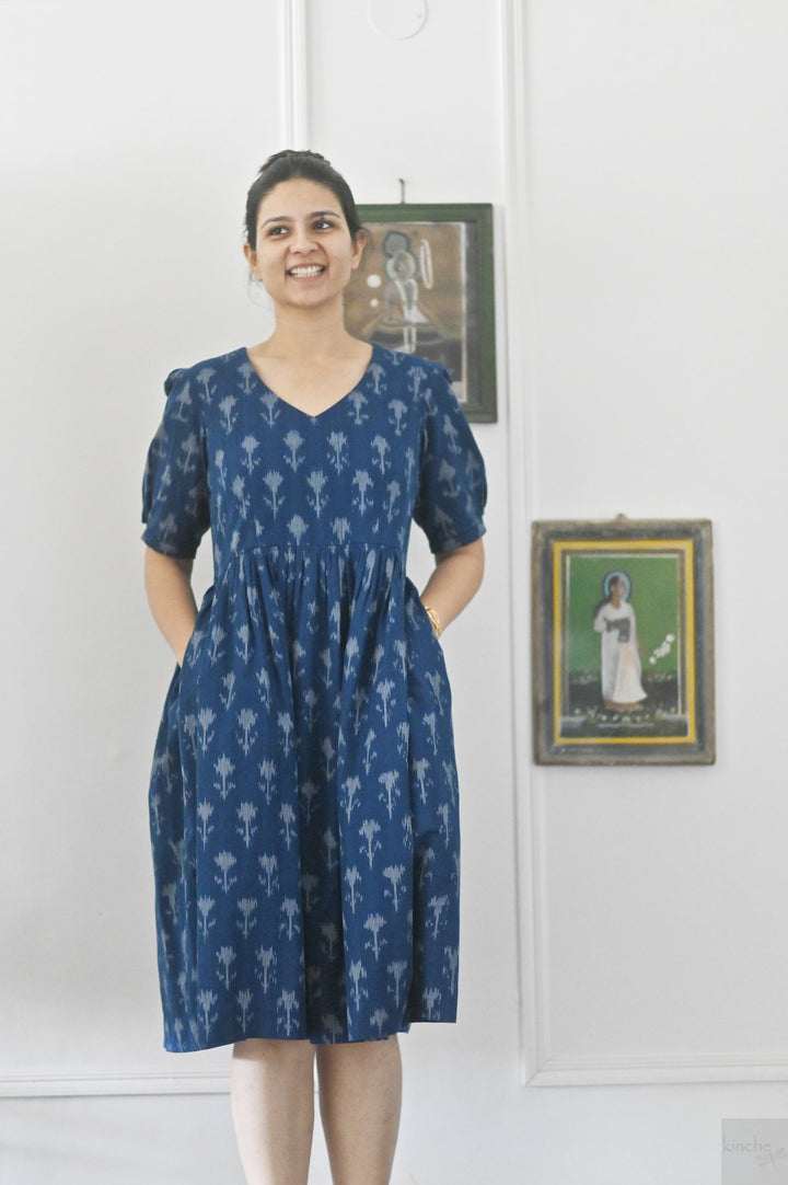 Helna, Indigo, Drop Waste Ikat Woven Dress, Fully Lined - kinchecom