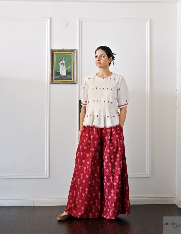 Beirut, Handwoven Ikat Fabric Cotton Blazer with  Deep Red Flared Pants - kinchecom