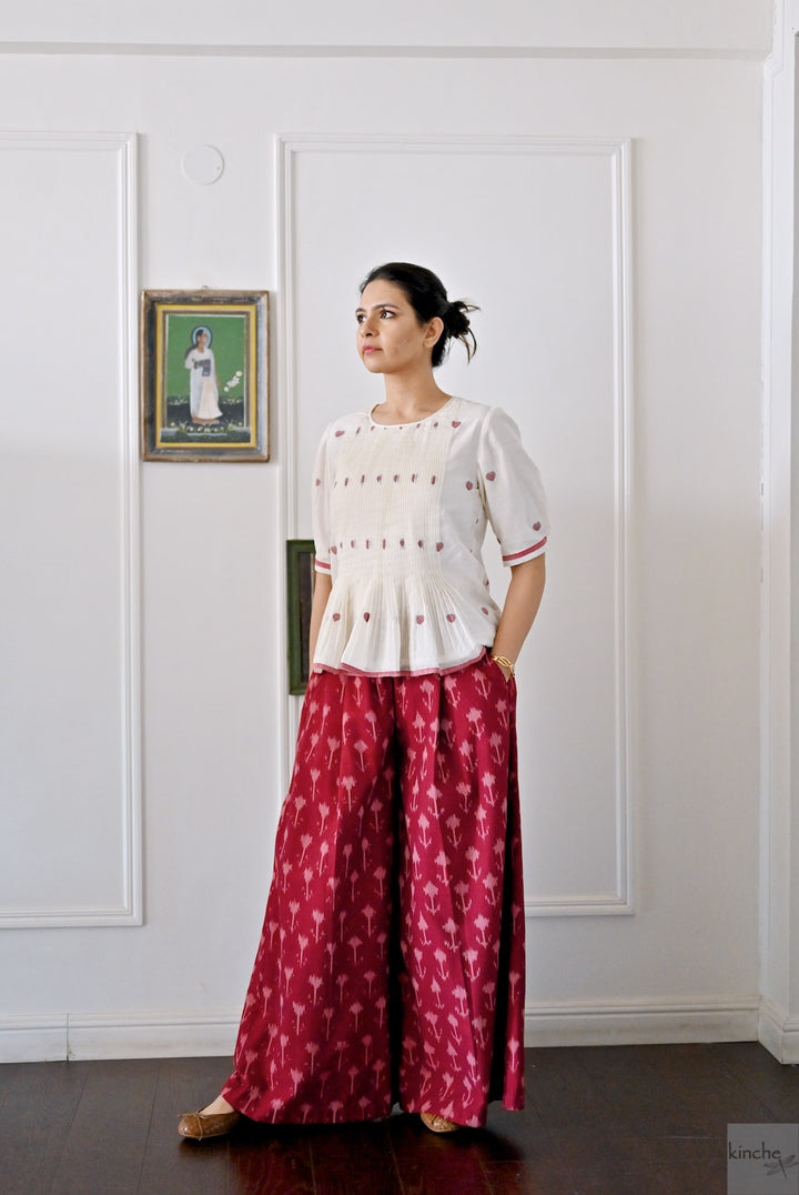 Beirut, Handmade Elastic  Waist, Ikat Weave Flared Pants in Deep Red - kinchecom