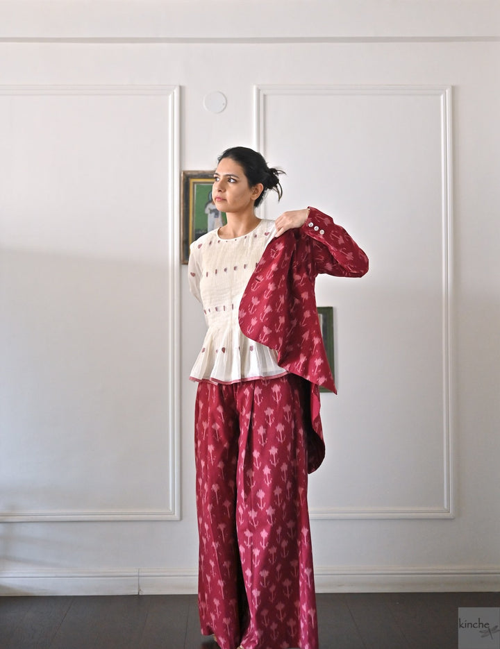 Beirut, Handwoven Ikat Fabric Cotton Blazer with  Deep Red Flared Pants - kinchecom