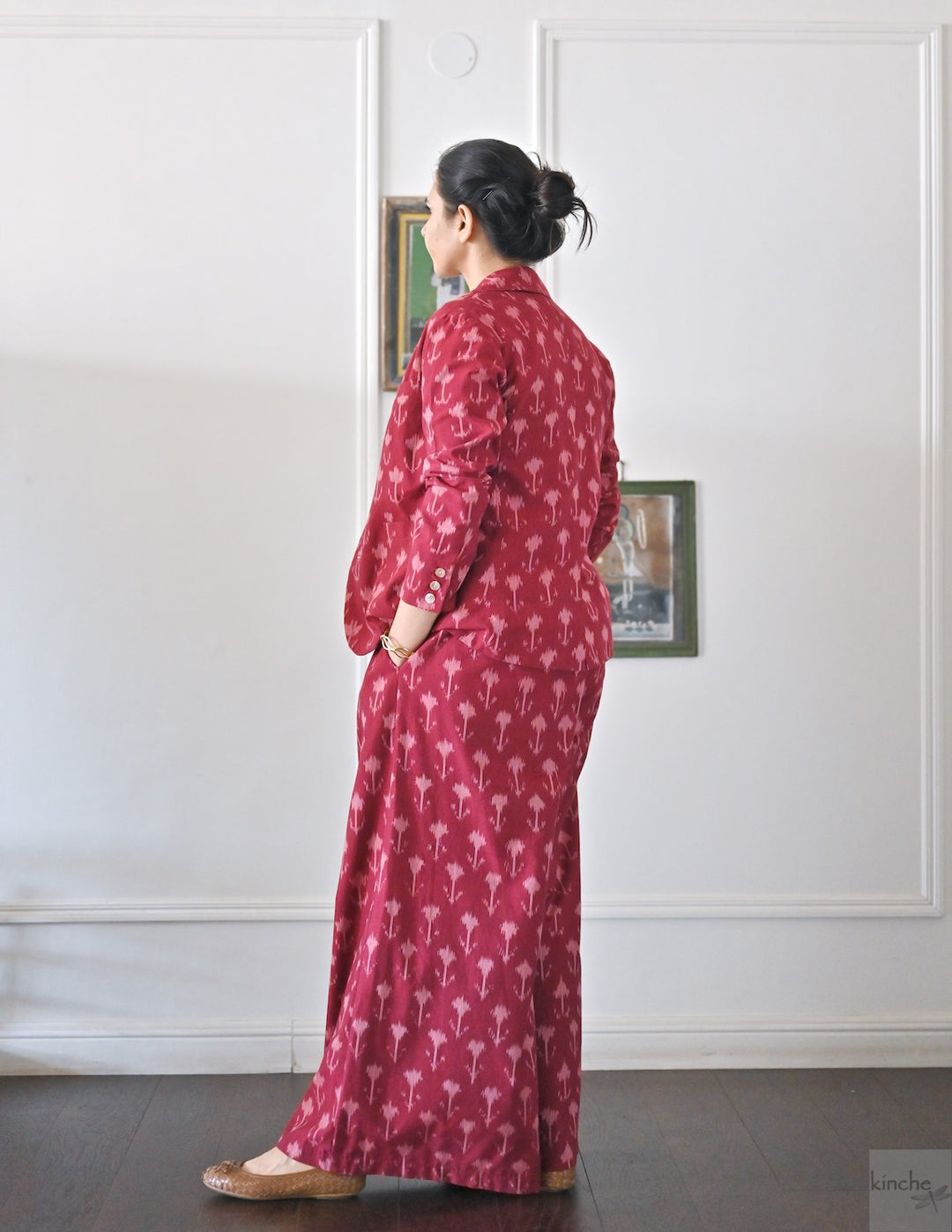 Beirut, Handmade Elastic  Waist, Ikat Weave Flared Pants in Deep Red - kinchecom