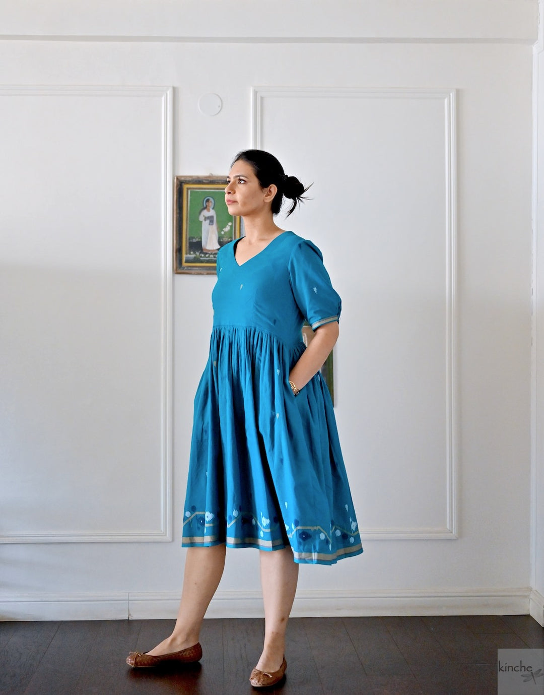 Jhiri, Turquoise Jamdani, Loose Fit Dress with Cotton Lining - kinchecom