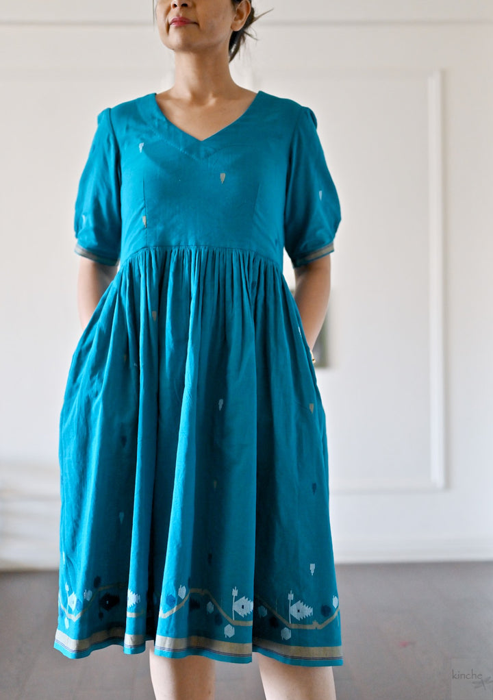 Jhiri, Turquoise Jamdani, Loose Fit Dress with Cotton Lining - kinchecom