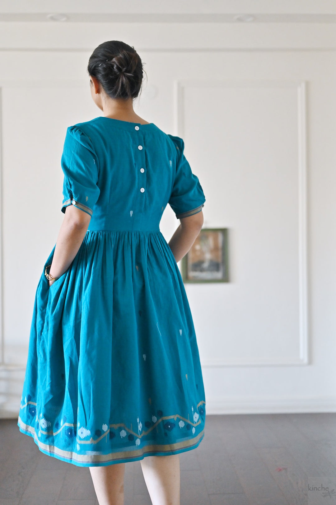 Jhiri, Turquoise Jamdani, Loose Fit Dress with Cotton Lining - kinchecom