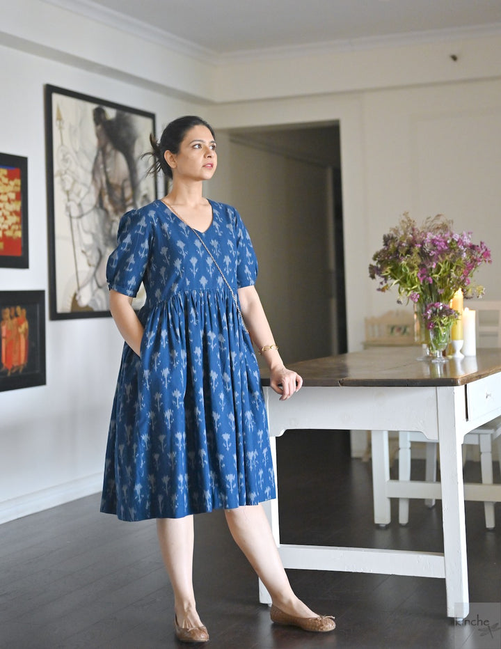 Helna, Indigo, Drop Waste Ikat Woven Dress, Fully Lined - kinchecom