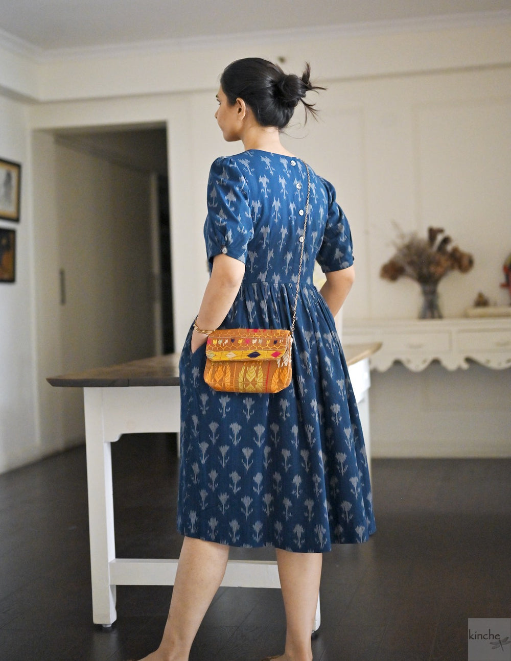 Helna, Indigo, Drop Waste Ikat Woven Dress, Fully Lined - kinchecom