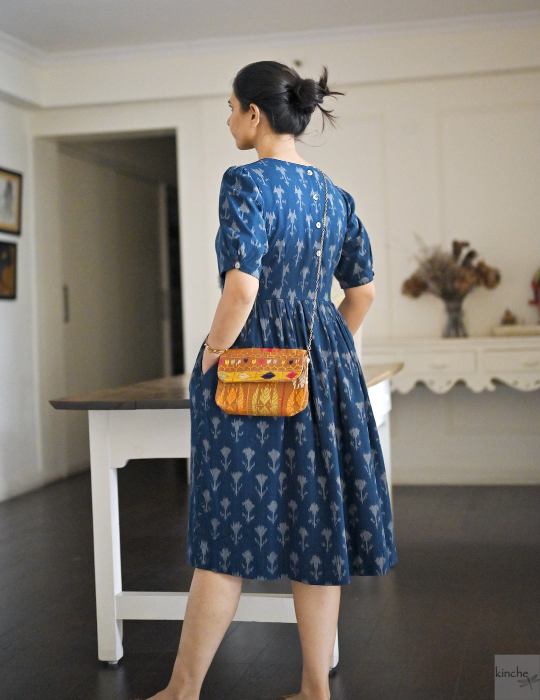 Helna, Indigo, Drop Waste Ikat Woven Dress, Fully Lined - kinchecom