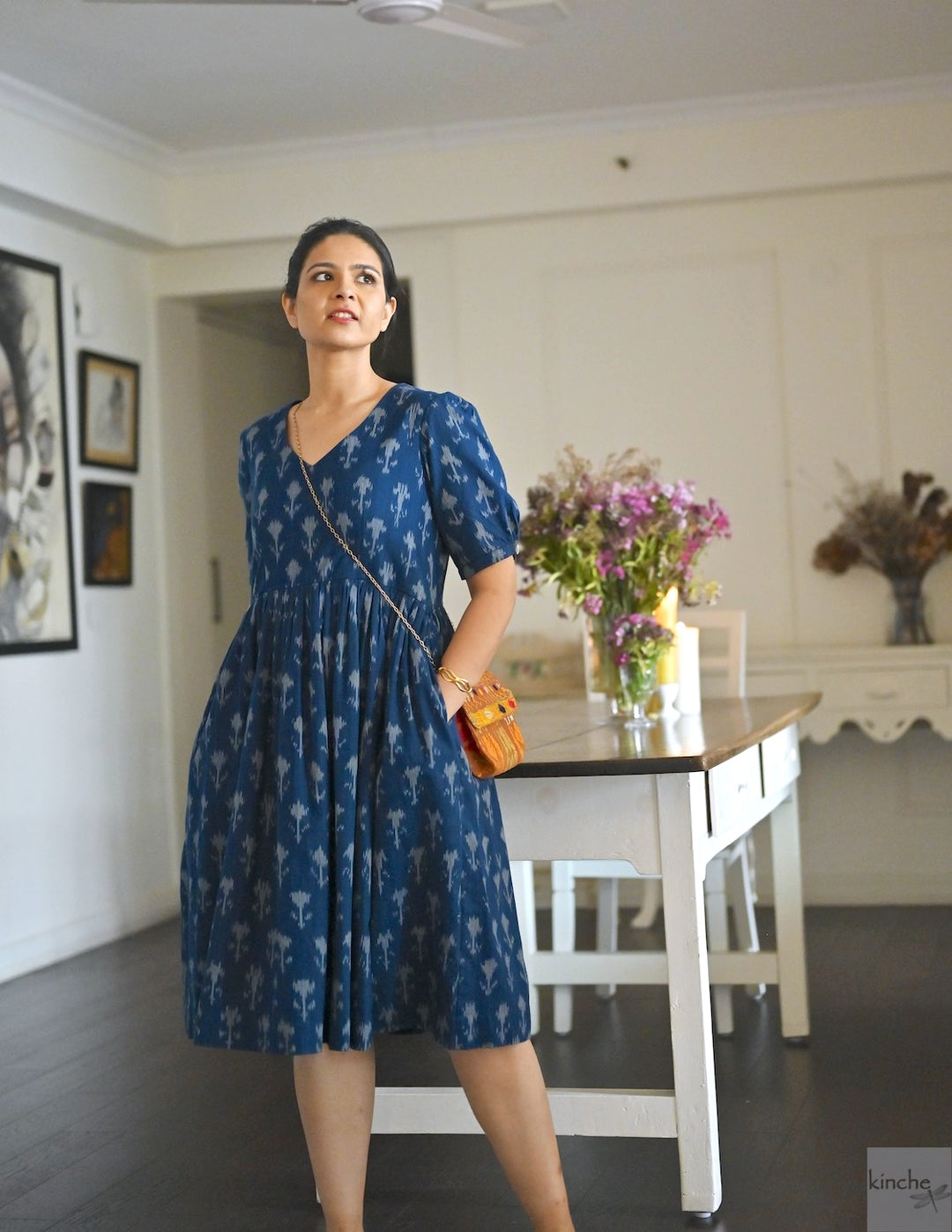 Helna, Indigo, Drop Waste Ikat Woven Dress, Fully Lined - kinchecom