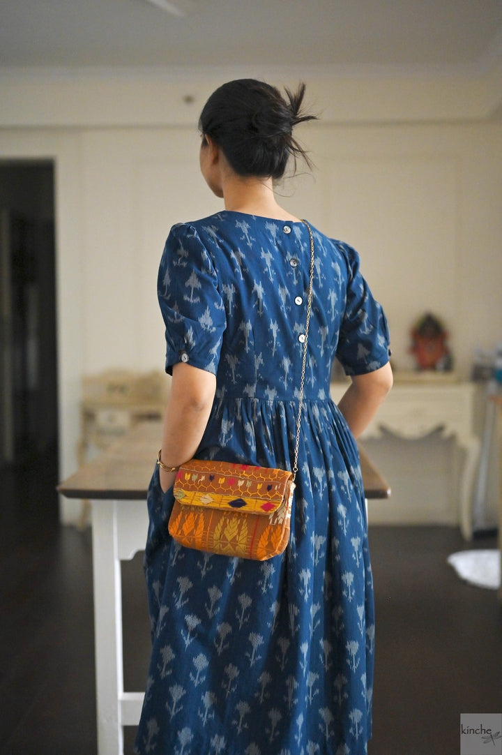 Helna, Indigo, Drop Waste Ikat Woven Dress, Fully Lined - kinchecom