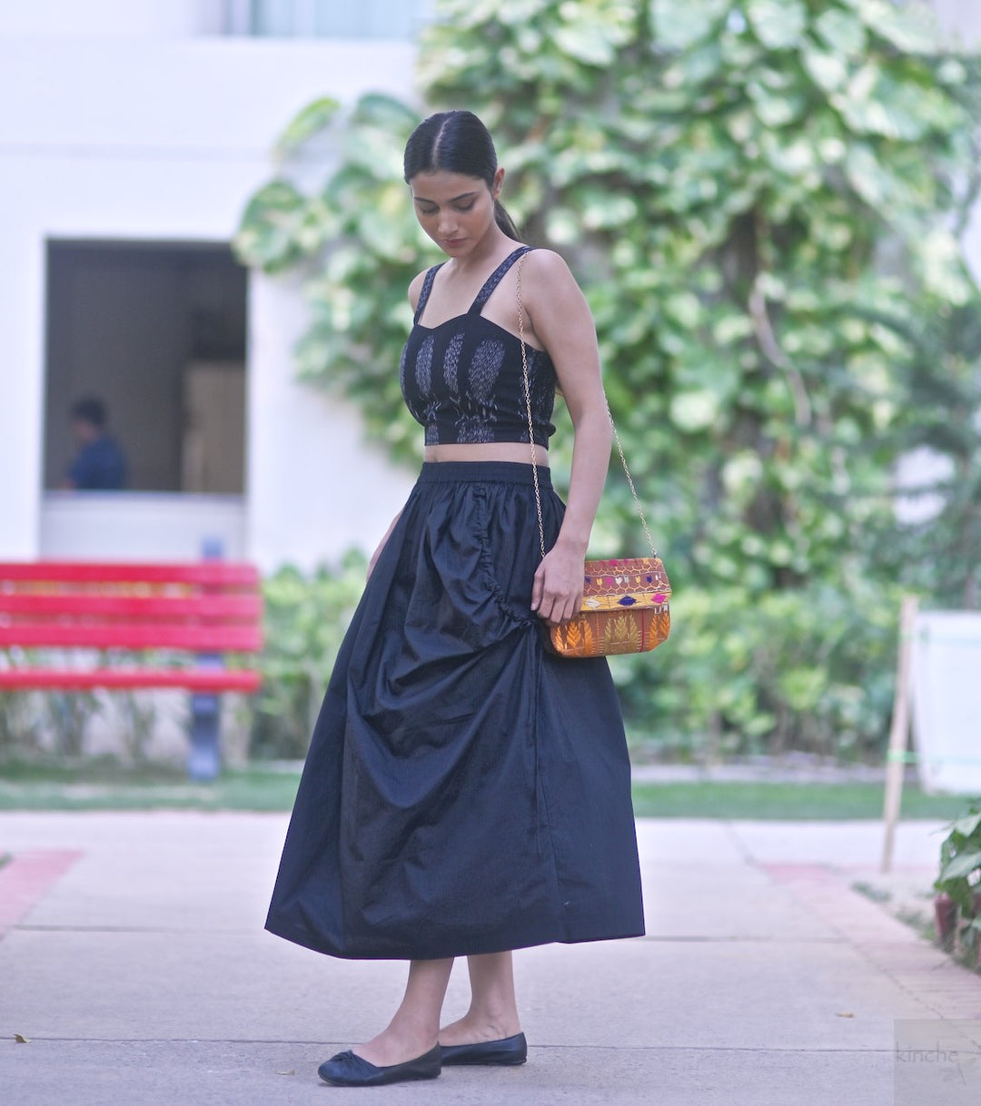 Lima, Elasticised Waist, Cotton Poplin Asymmetrical Skirt in Black - kinchecom