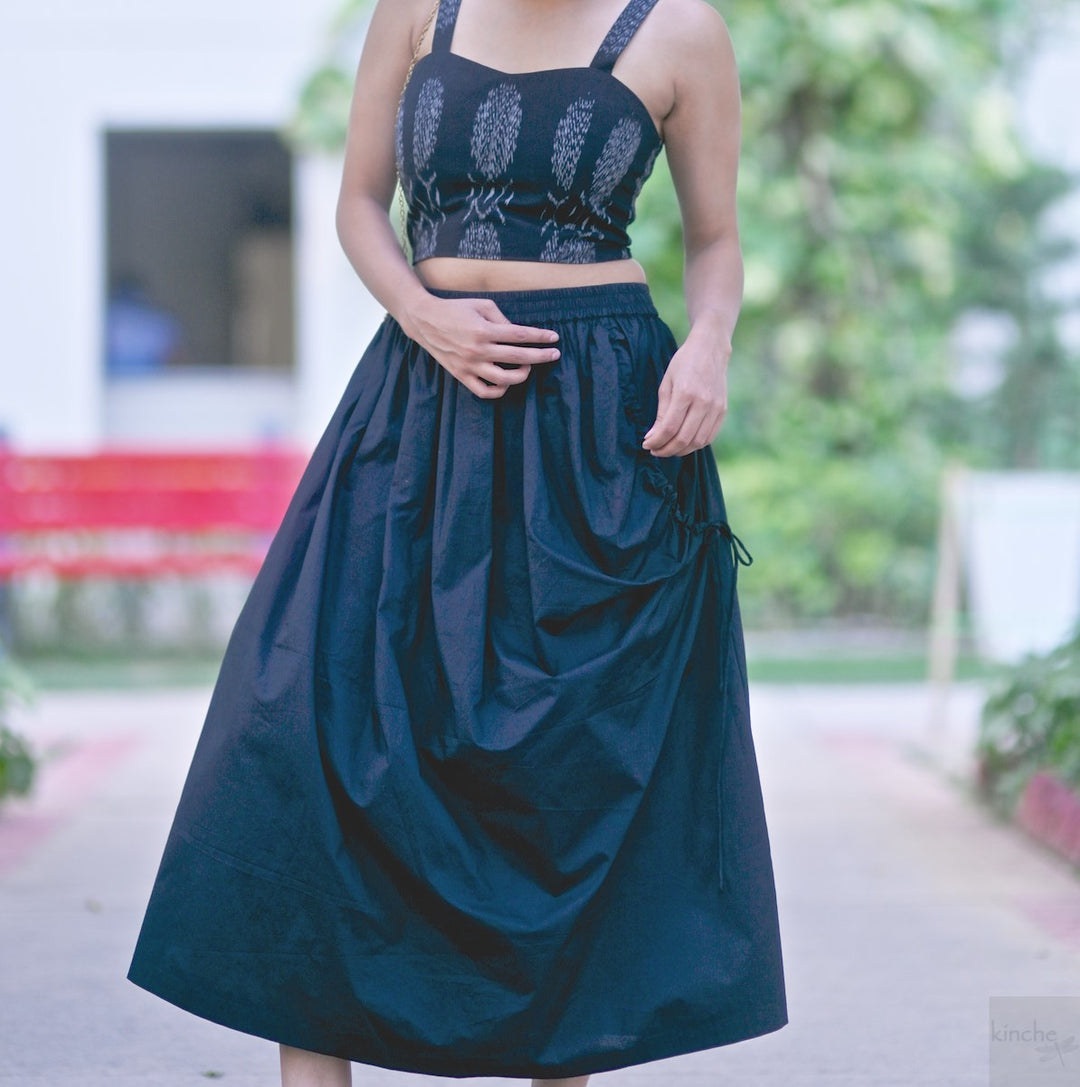 Lima, Elasticised Waist, Cotton Poplin Asymmetrical Skirt in Black - kinchecom