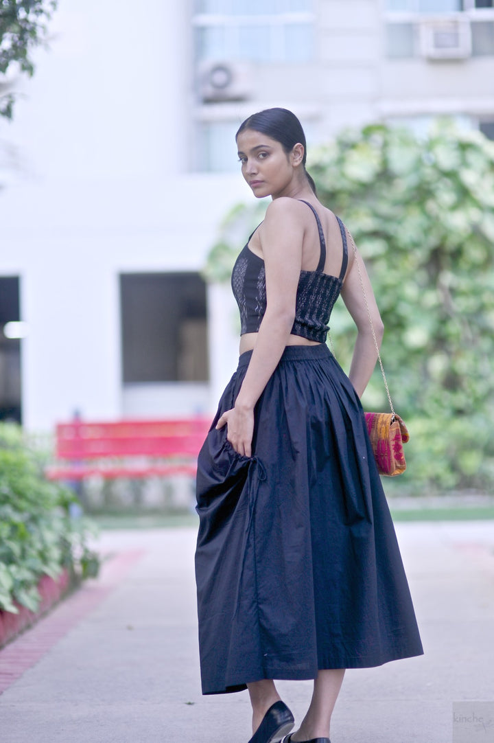 Lima, Elasticised Waist, Cotton Poplin Asymmetrical Skirt in Black - kinchecom