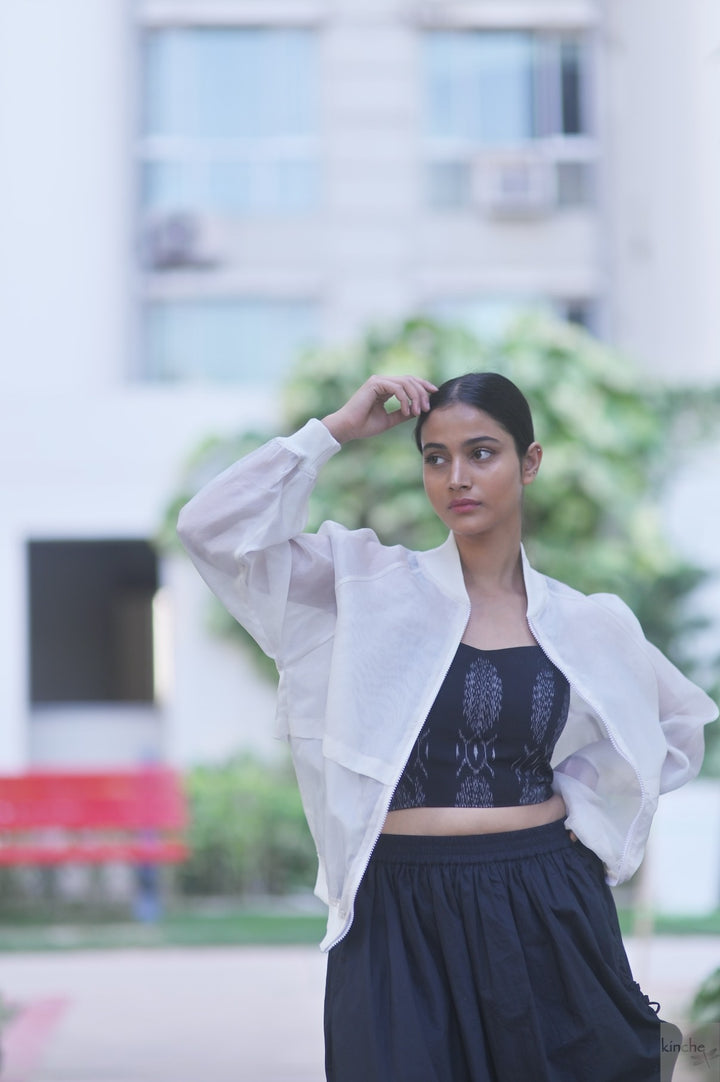 Samarkand, Silk Organza Bomber jacket in White, Handmade - kinchecom