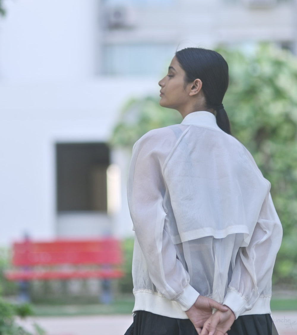 Samarkand, Silk Organza Bomber jacket in White, Handmade - kinchecom