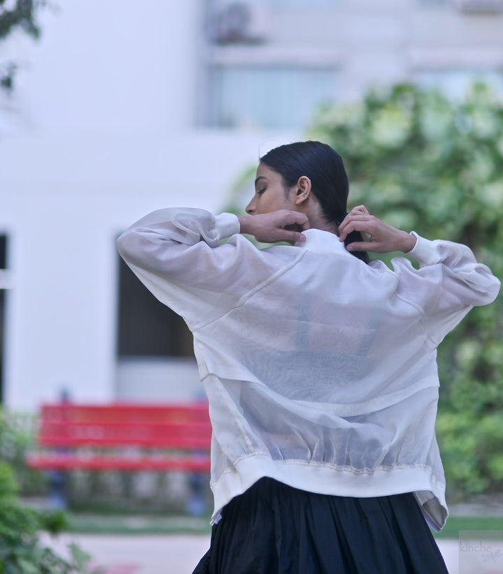 Samarkand, Silk Organza Bomber jacket in White, Handmade - kinchecom