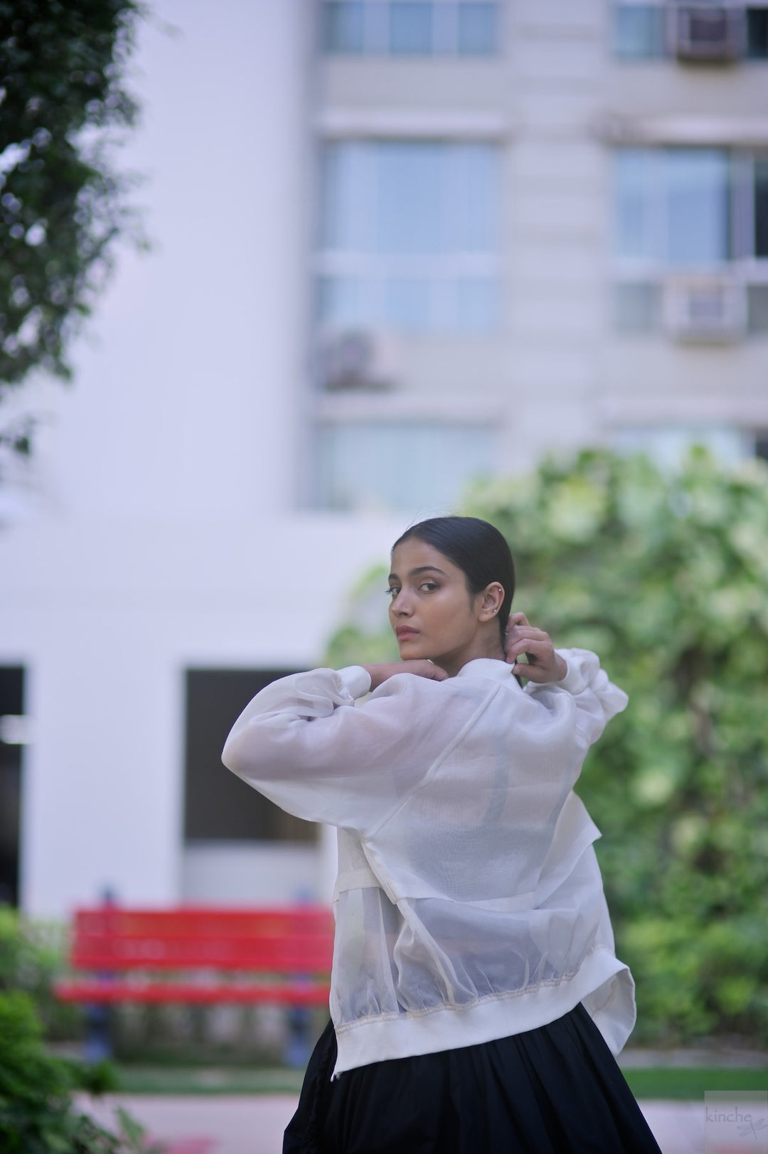 Samarkand, Silk Organza Bomber jacket in White, Handmade - kinchecom