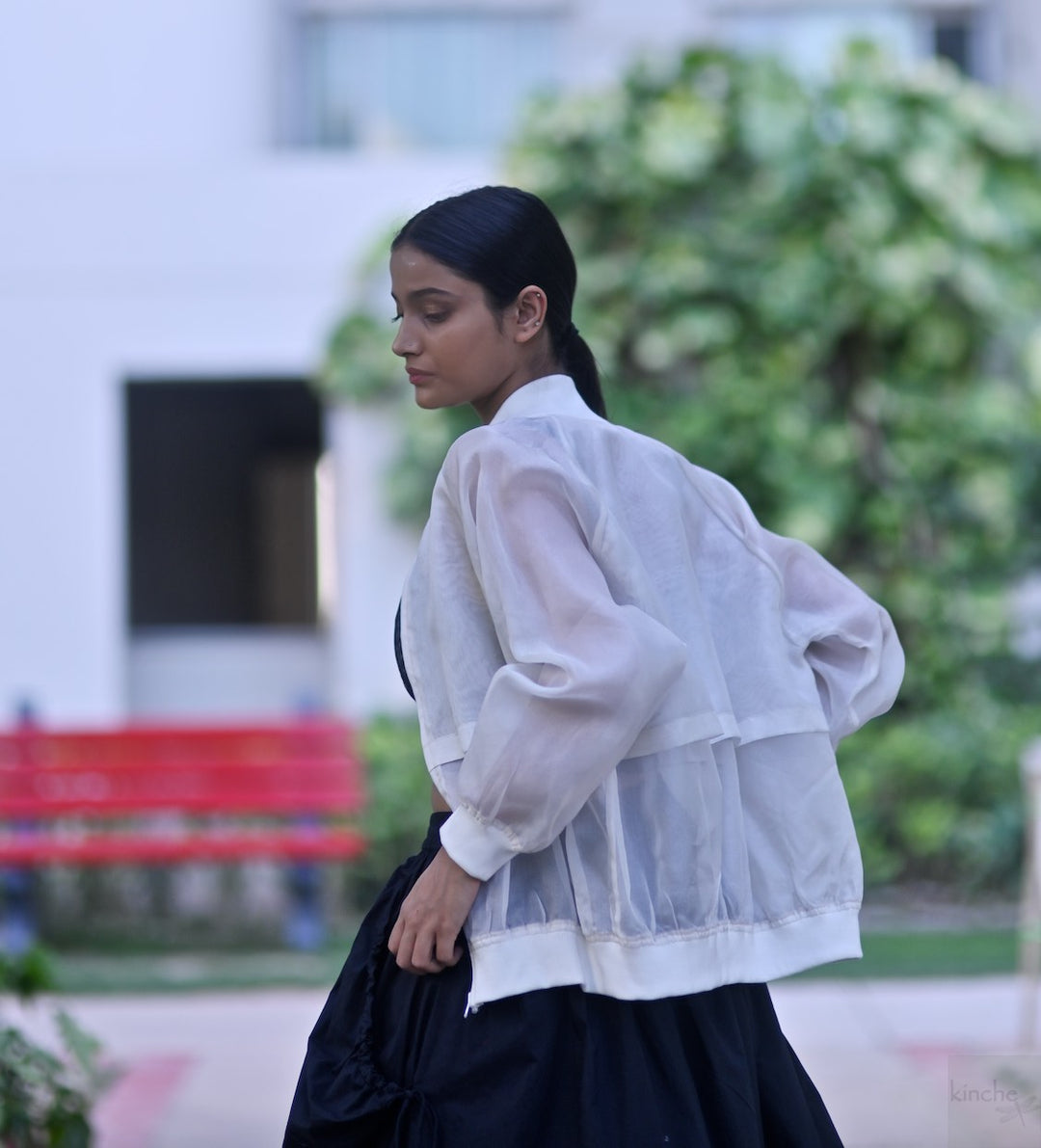 Samarkand, Silk Organza Bomber jacket in White, Handmade - kinchecom
