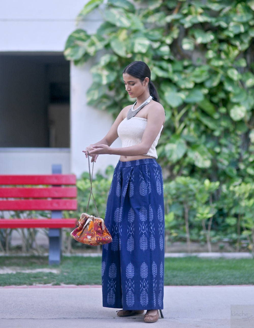 Bukhara, Handmade Elastic  Waist, Ikat Weave Flared Pants in Indigo - kinchecom