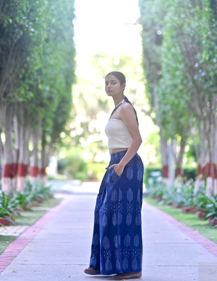 Bukhara, Handmade Elastic  Waist, Ikat Weave Flared Pants in Indigo - kinchecom