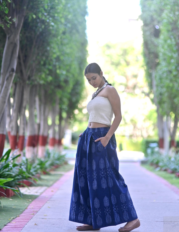 Bukhara, Handmade Elastic  Waist, Ikat Weave Flared Pants in Indigo - kinchecom