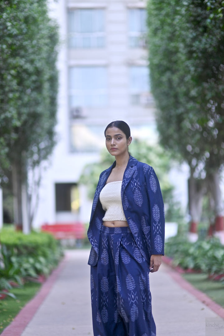 Bukhara, Handwoven Ikat Fabric Cotton Blazer &amp; Indigo Pants, Sustainably made - kinchecom