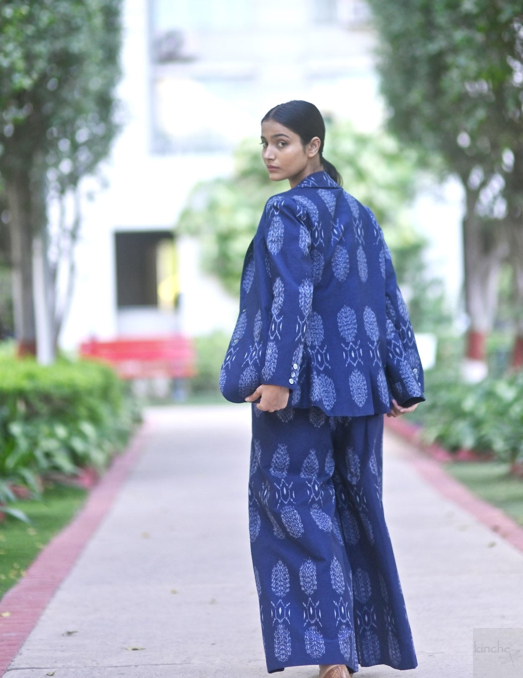 Bukhara, Handwoven Ikat Fabric Cotton Blazer & Indigo Pants, Sustainably made - kinchecom