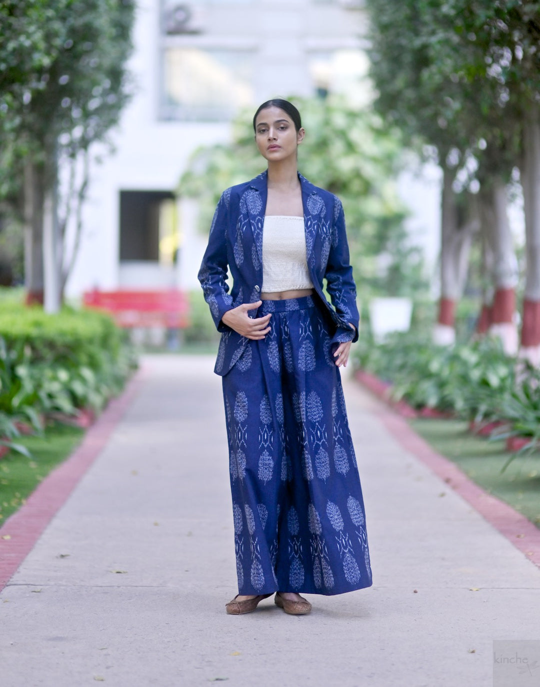 Bukhara, Handwoven Ikat Fabric Cotton Blazer &amp; Indigo Pants, Sustainably made - kinchecom