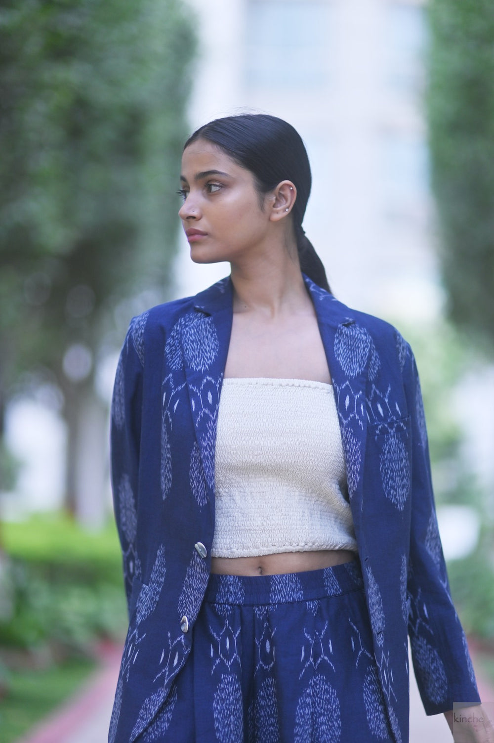 Bukhara, Handwoven Ikat Fabric Cotton Blazer & Indigo Pants, Sustainably made - kinchecom