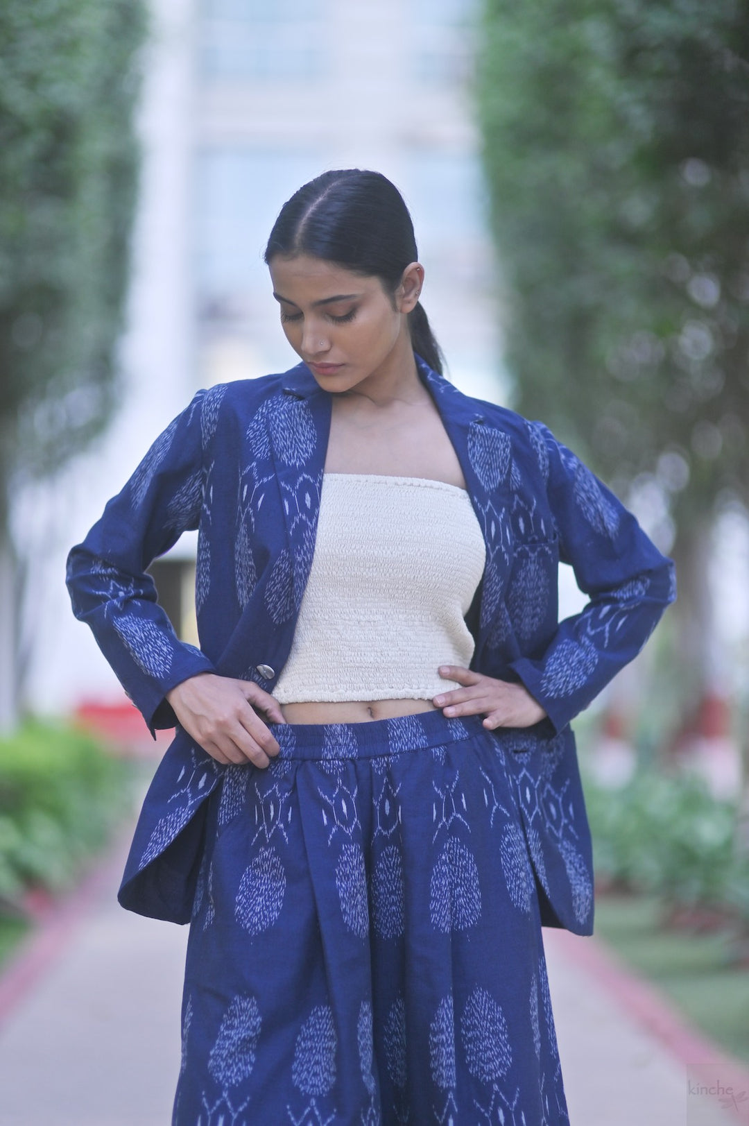 Bukhara, Handwoven Ikat Fabric Cotton Blazer &amp; Indigo Pants, Sustainably made - kinchecom