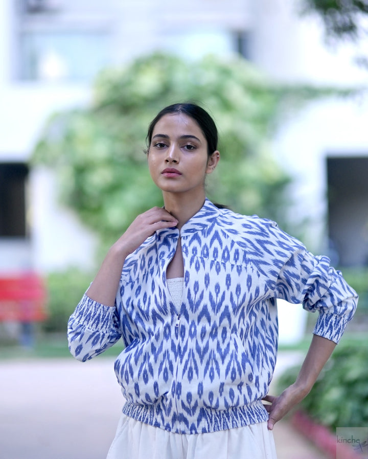 Azure, Indigo &amp; White Ikat Weave Bomber - kinchecom