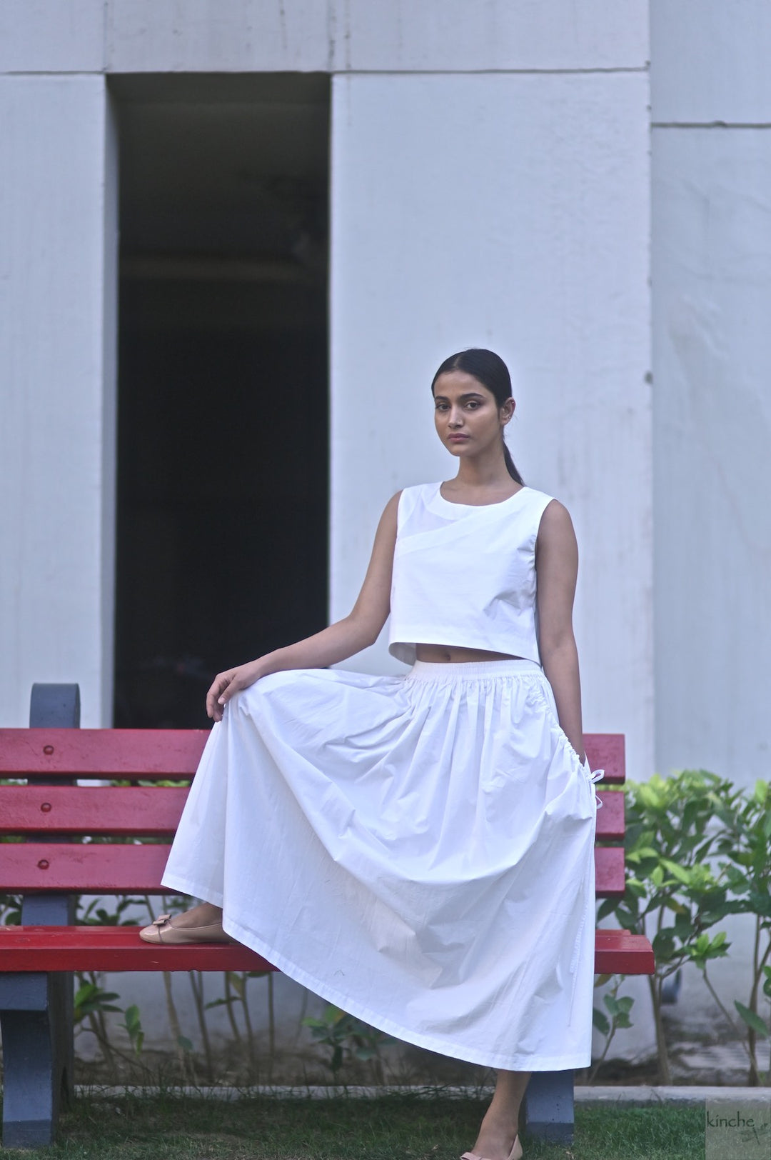 Lima, Elasticised Waist, Cotton Poplin Asymmetrical Skirt in White - kinchecom