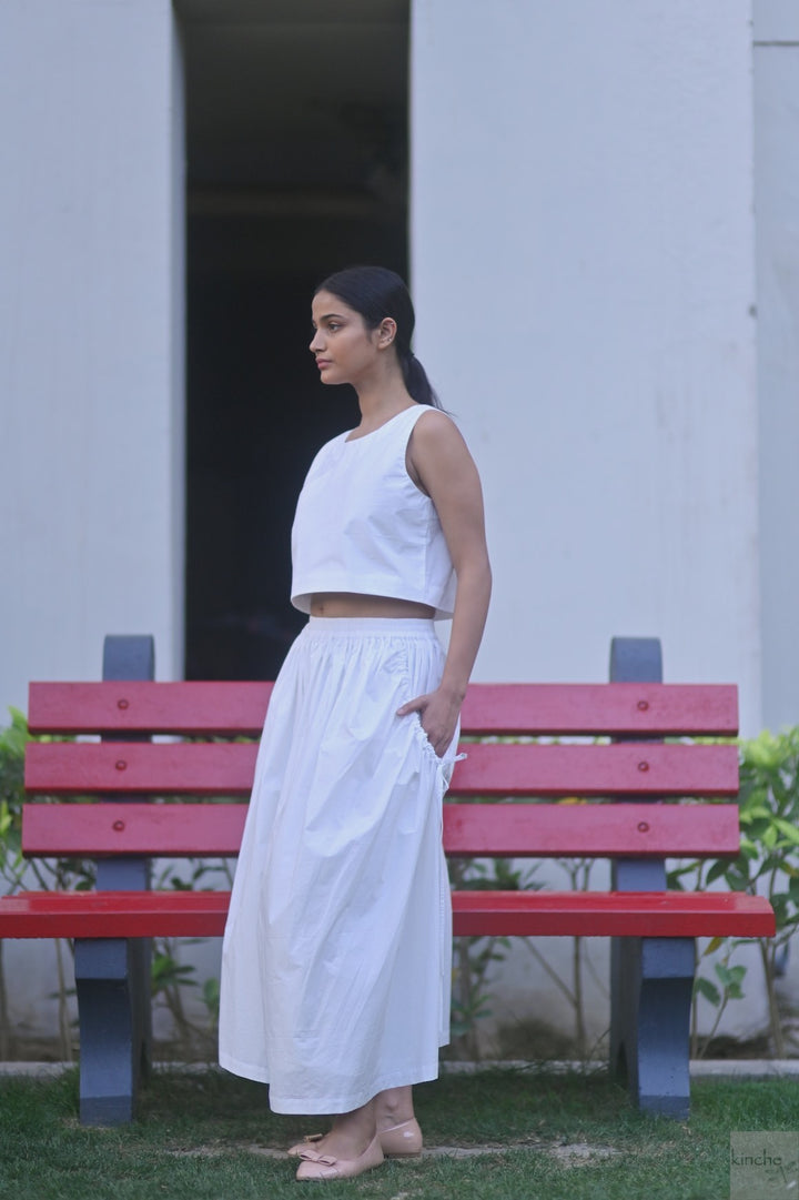 Lima, Elasticised Waist, Cotton Poplin Asymmetrical Skirt in White - kinchecom