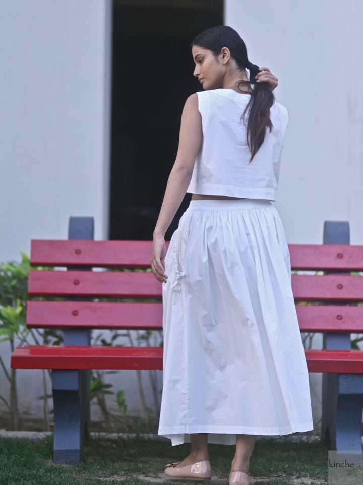 Lima, Elasticised Waist, Cotton Poplin Asymmetrical Skirt in White - kinchecom