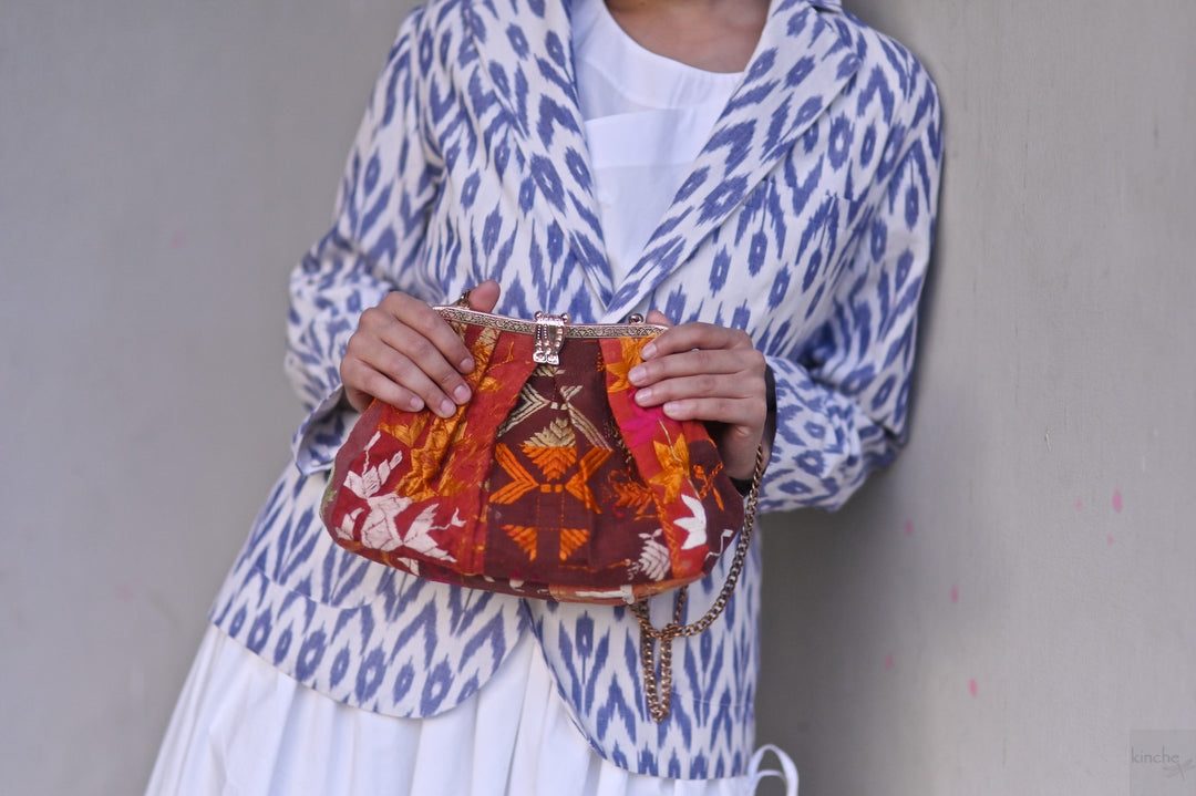 Rasa, Handmade Vintage Phulkari Clasp Handbag, One of a Kind, Medium - kinchecom