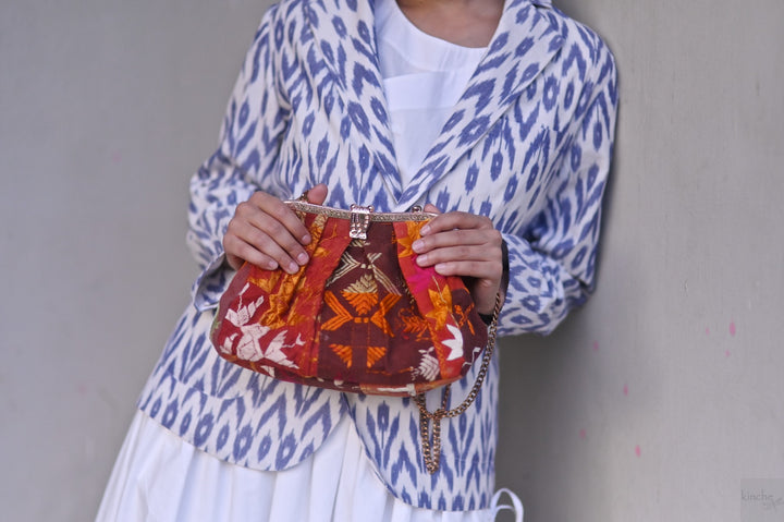 Rasa, Handmade Vintage Phulkari Clasp Handbag, One of a Kind, Medium - kinchecom