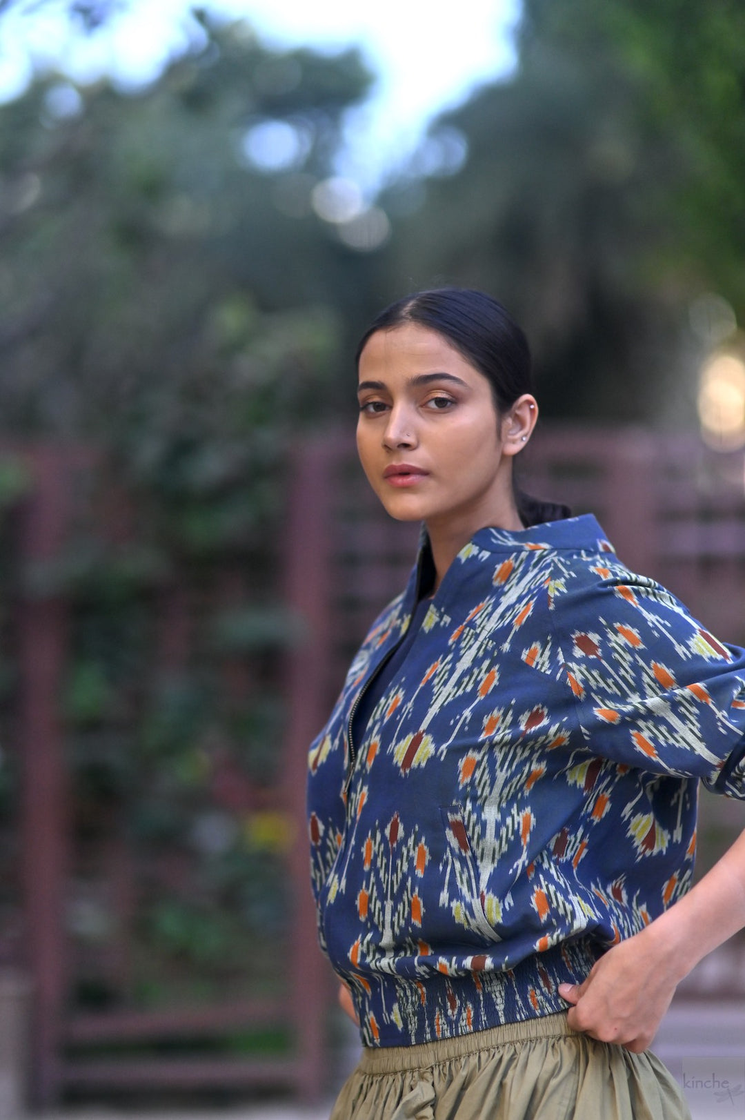 Agastya, Double Ikat Weave Uzbeki Pattern Bomber Jacket - kinchecom