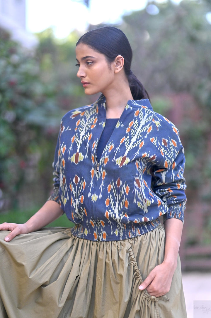Agastya, Double Ikat Weave Uzbeki Pattern Bomber Jacket - kinchecom