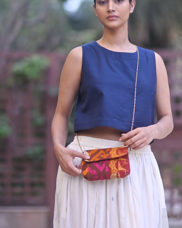 Mini, Notebook Clutch made with Vintage Phulkari Bagh &amp; brass Chain, Small - kinchecom